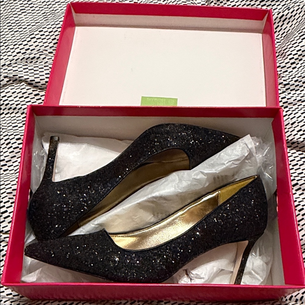 Lilly Pulitzer Black Glitter Pointed Toe Stiletto Pumps